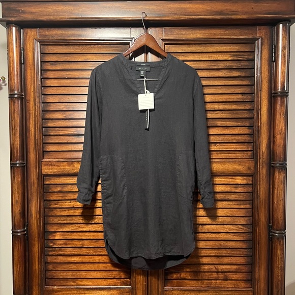 NWT Tahari 100% Linen Black Roll Up Long Sleeve Tunic Dress With Pockets Size XS - Picture 1 of 10